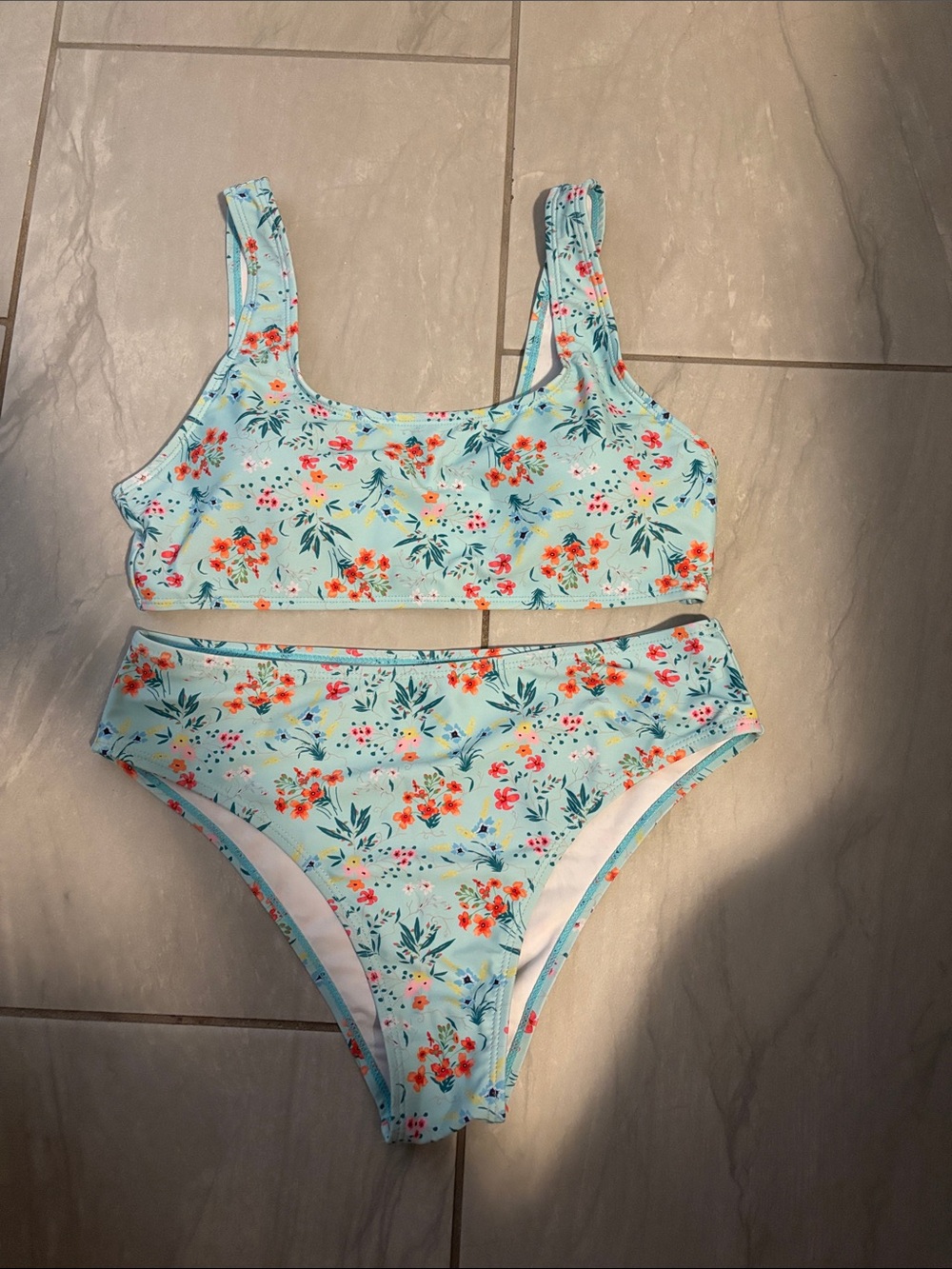 NWOT Women’s Floral Light Blue Two-Piece Swim Set High Rise Bottoms